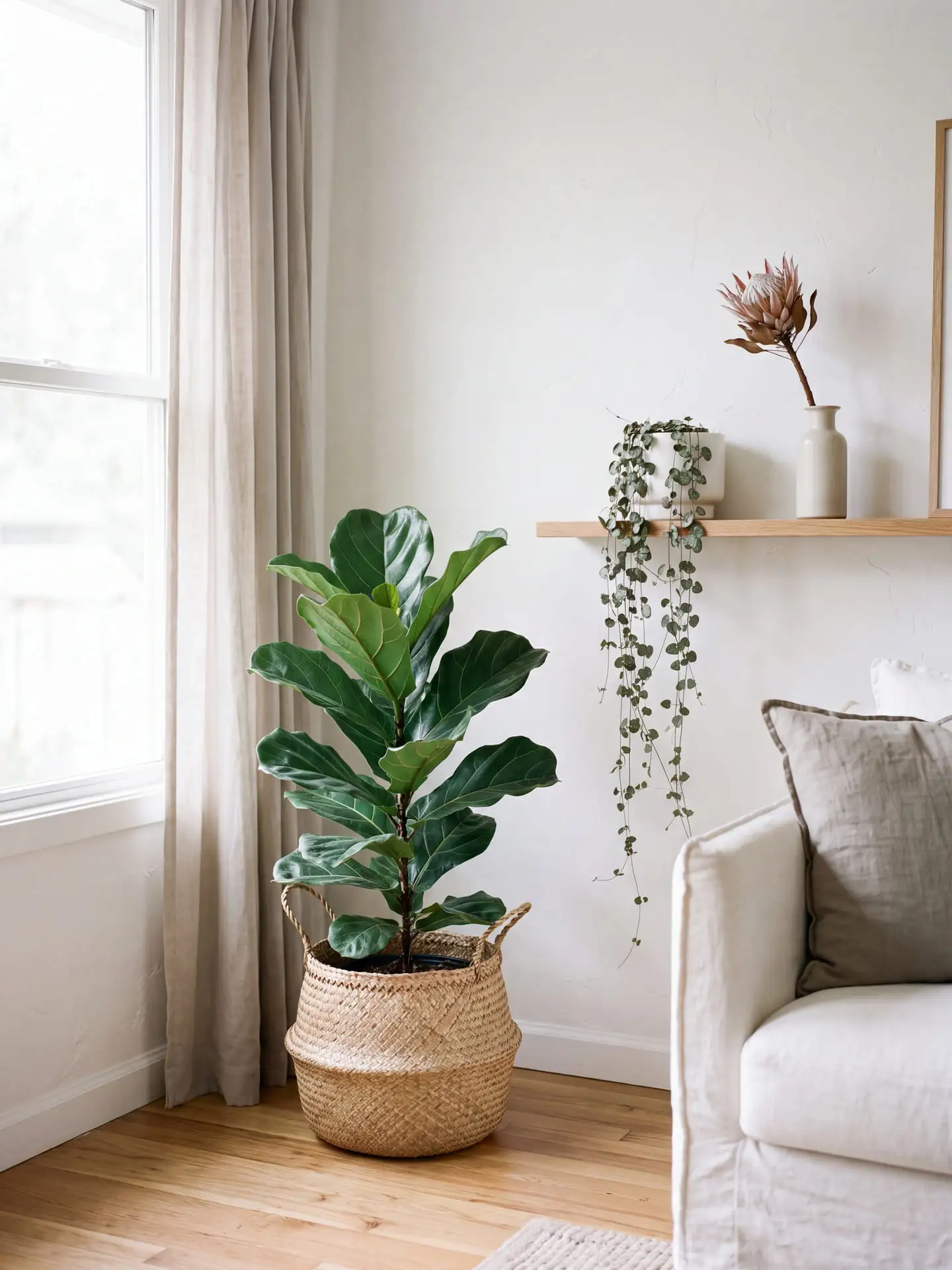 A quiet corner of a room in soft daylight. A fiddle-leaf fig stands in a woven basket beside a window hung with a full-length linen curtain, and a narrow oak shelf on the plaster wall holds a trailing plant and a dried protea in a pale ceramic vase.