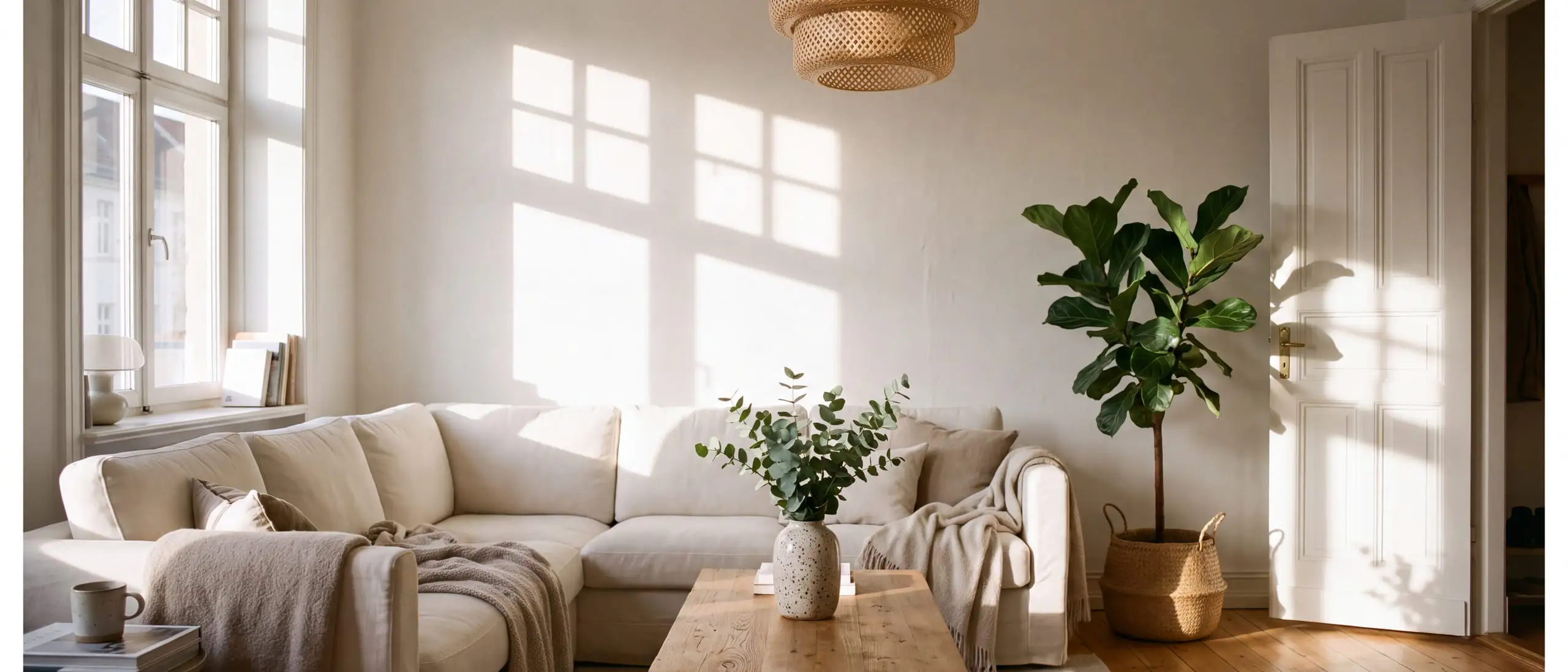 A living room in morning sun. A linen sofa and a low oak table stand under a rattan pendant, the shadows of the window glazing bars are laid across the plaster wall, and a fiddle-leaf fig sits beside a panelled door standing open onto the next room.